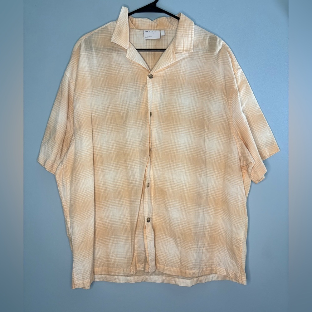 ASOS Men's Button Up Shirt Peach & White Checkered Casual linen blend Size Large